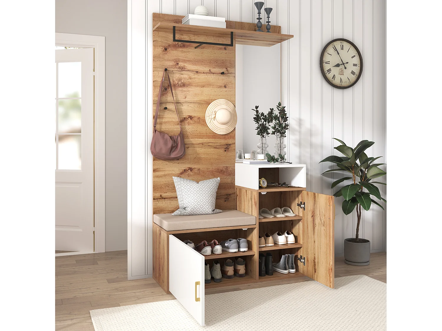 Ensemble de vestiaire d'entrée 105x40x190.5 cm, grand rangement chaussures, miroir intégré, crochets et tringle, MDF et panneaux de particules, blanc et bois