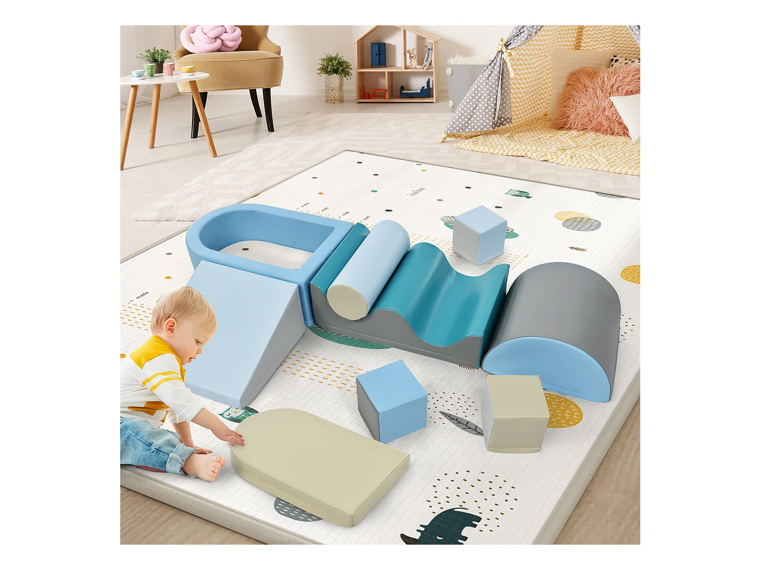 Bouwstenen 78x63x44cm met in totaal 9 stuks trap glijbaan PU balputten en bouwstenen brengen Materiaal PU Blauw