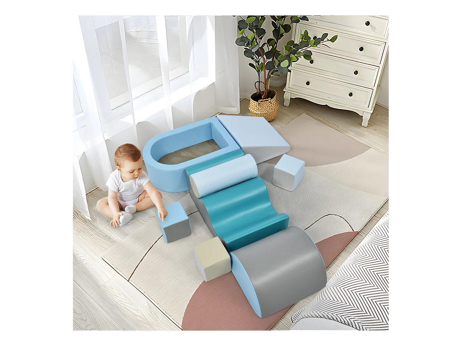 Bouwstenen 78x63x44cm met in totaal 9 stuks trap glijbaan PU balputten en bouwstenen brengen Materiaal PU Blauw