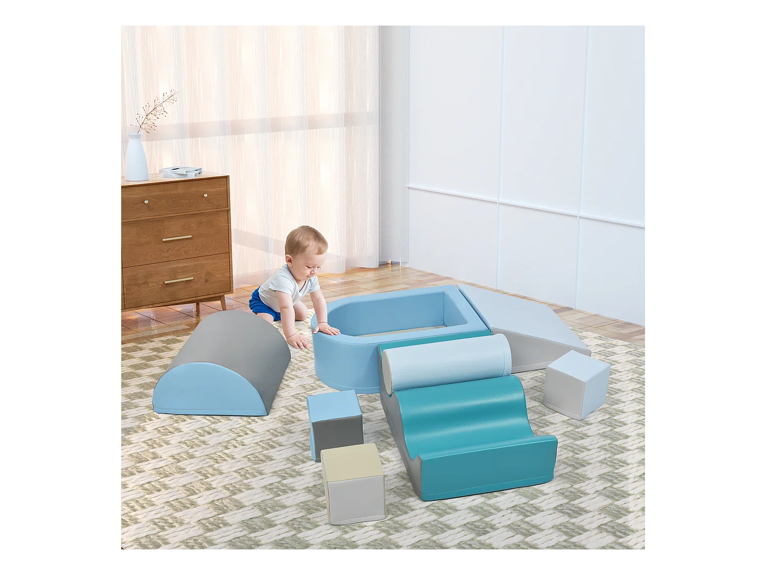 Bouwstenen 78x63x44cm met in totaal 9 stuks trap glijbaan PU balputten en bouwstenen brengen Materiaal PU Blauw