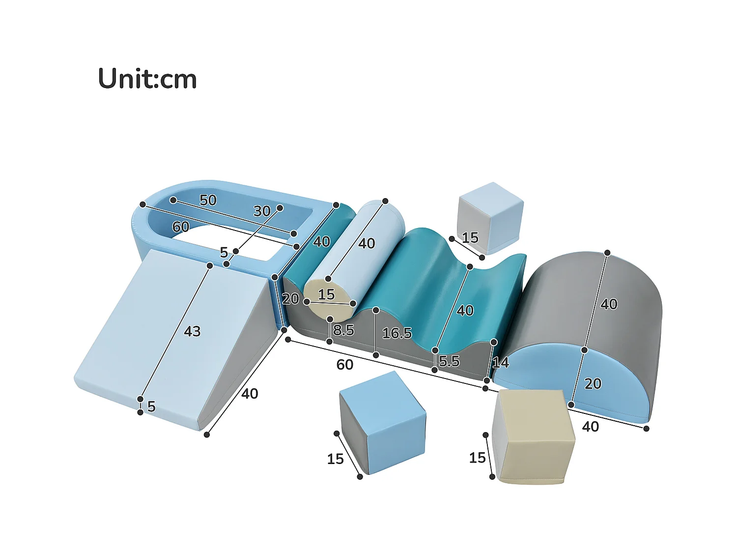 Bouwstenen 78x63x44cm met in totaal 9 stuks trap glijbaan PU balputten en bouwstenen brengen Materiaal PU Blauw
