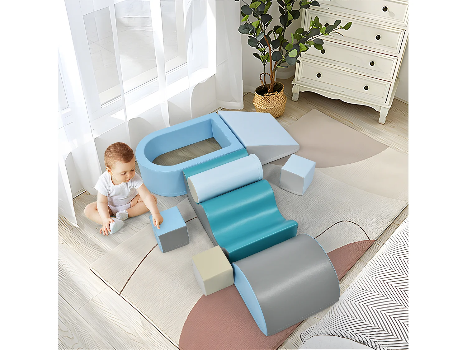 Blocs de mousse 160x80x20cm Lot de 9 Escalier Toboggan Blocs de Construction Piscine à Balls Matériel PU Bleu