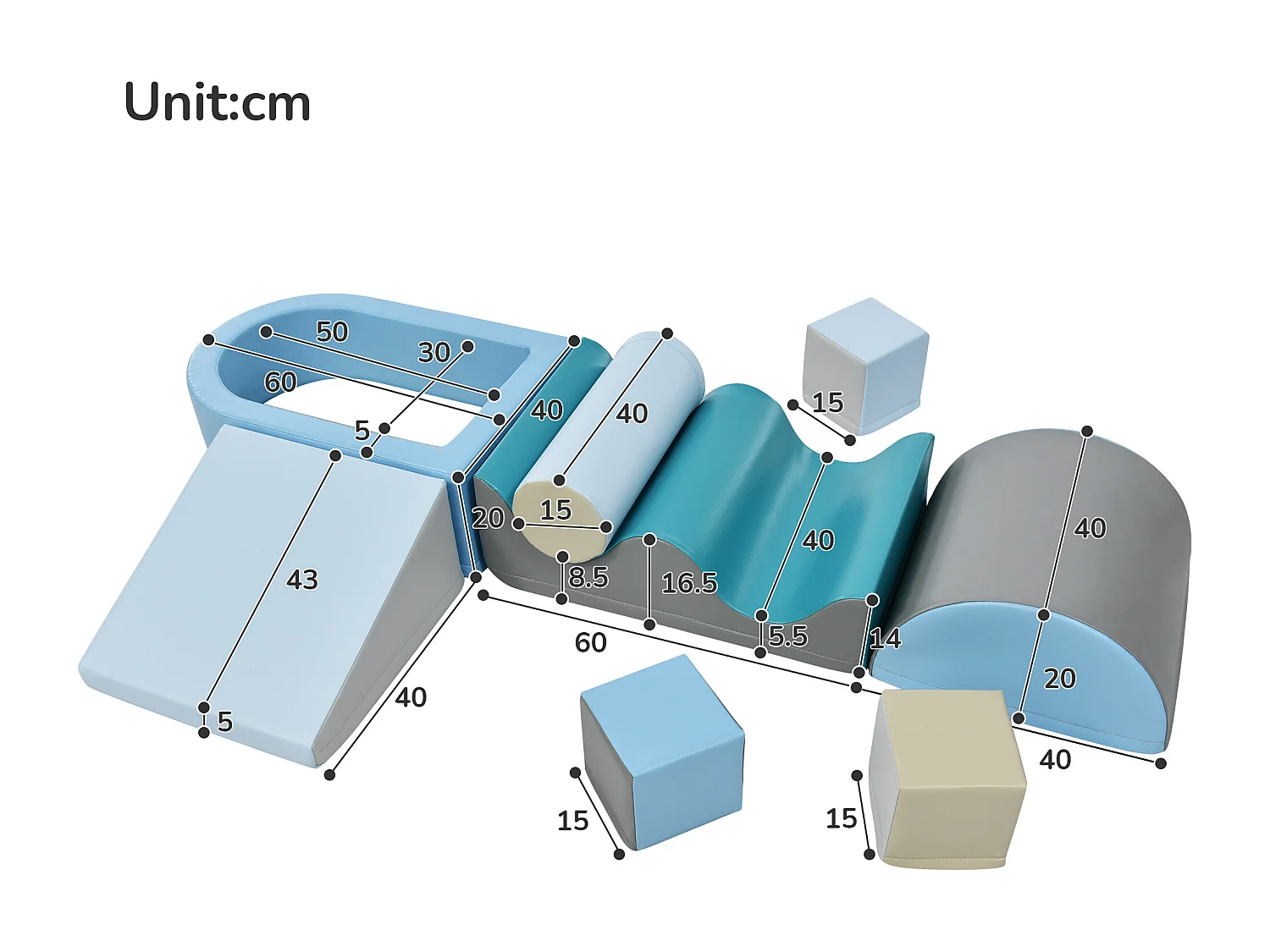 Blocs de mousse 160x80x20cm Lot de 9 Escalier Toboggan Blocs de Construction Piscine à Balls Matériel PU Bleu