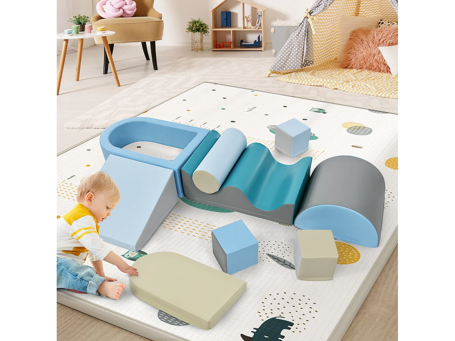 Bouwstenen 78x63x44cm met in totaal 9 stuks trap glijbaan PU balputten en bouwstenen brengen Materiaal PU Blauw