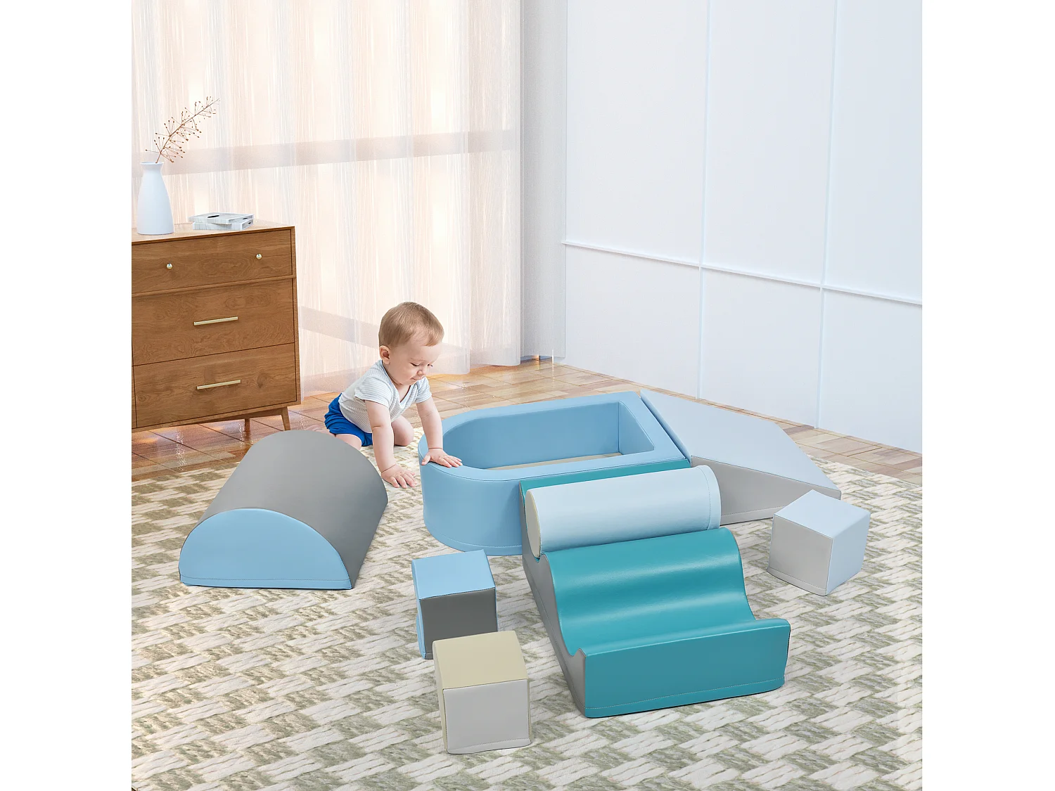 Bouwstenen 78x63x44cm met in totaal 9 stuks trap glijbaan PU balputten en bouwstenen brengen Materiaal PU Blauw