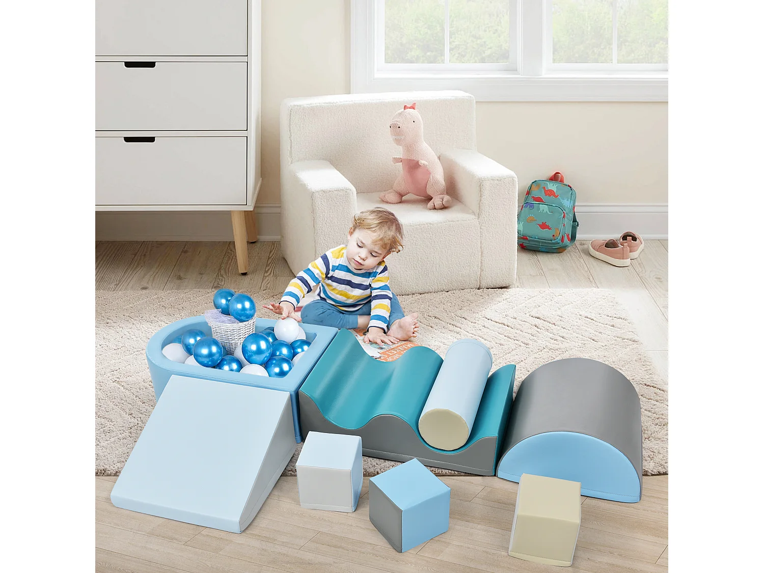 Bouwstenen 78x63x44cm met in totaal 9 stuks trap glijbaan PU balputten en bouwstenen brengen Materiaal PU Blauw