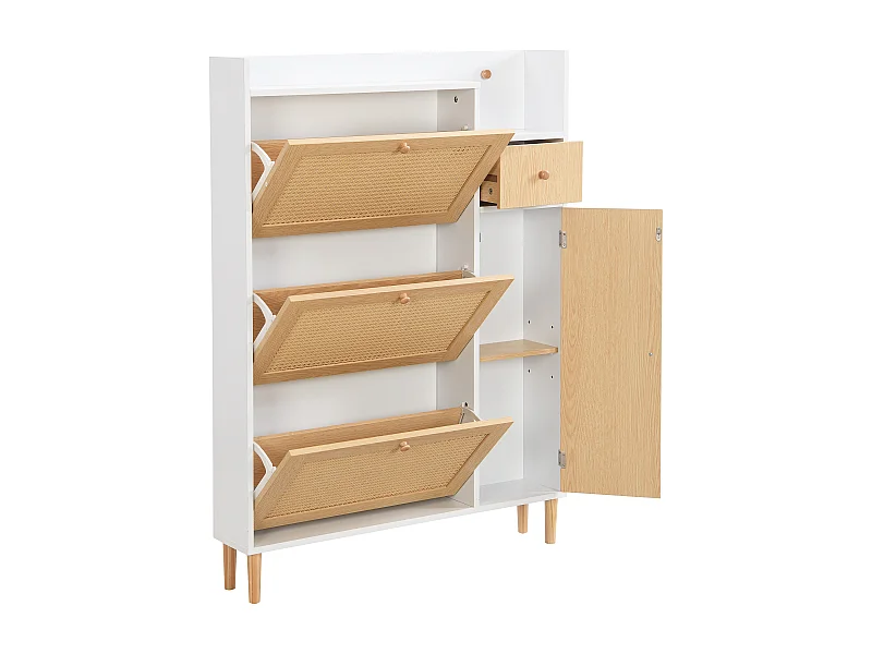 Meuble à chaussures 90x17x125 cm, 3 portes basculantes, 1 tiroir, étagères réglables, MDF, naturel et blanc