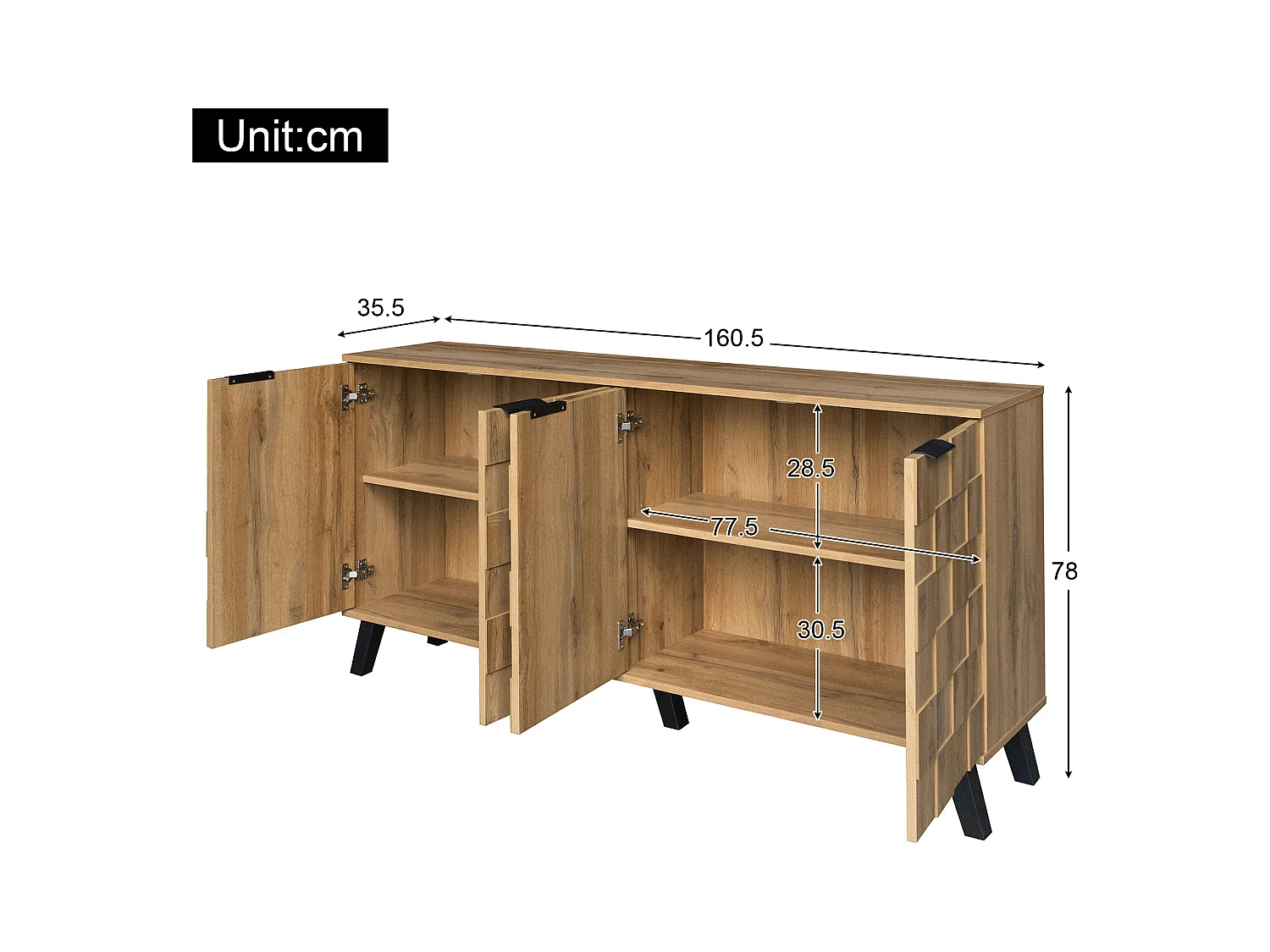 Buffet 160.5x35.5x78 cm avec cloisons réglables panneaux de particules en Couleur naturelle pour salon et cuisine