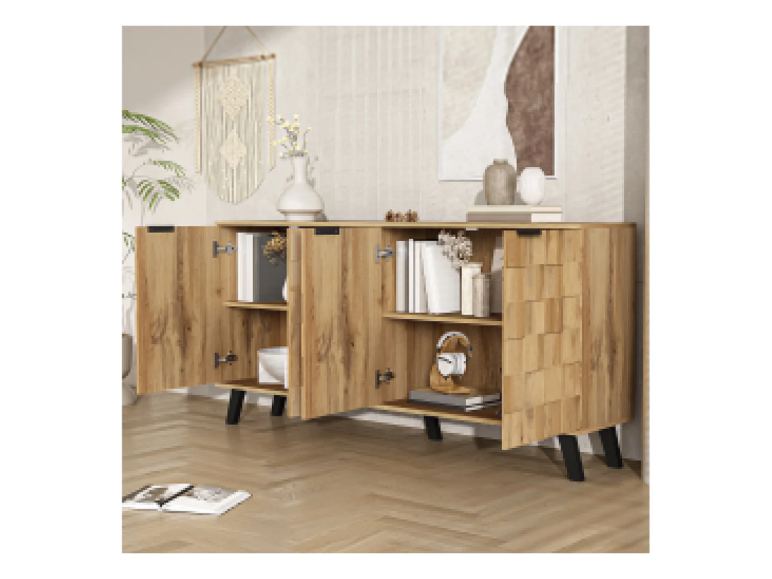 Buffet 160.5x35.5x78 cm avec cloisons réglables panneaux de particules en Couleur naturelle pour salon et cuisine