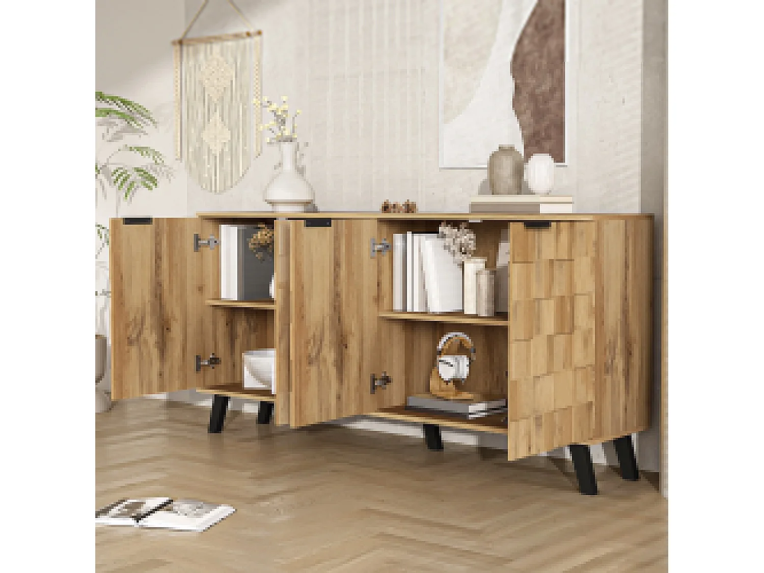 Buffet 160.5x35.5x78 cm avec cloisons réglables panneaux de particules en Couleur naturelle pour salon et cuisine