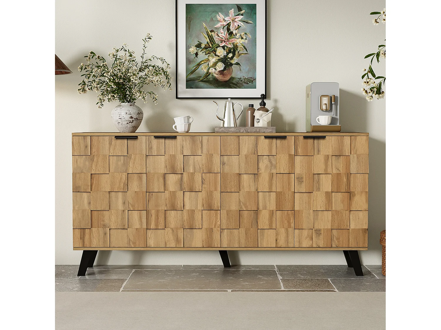 Buffet 160.5x35.5x78 cm, 4 portes, étagères réglables, motif géométrique, panneau de particules, coloris bois