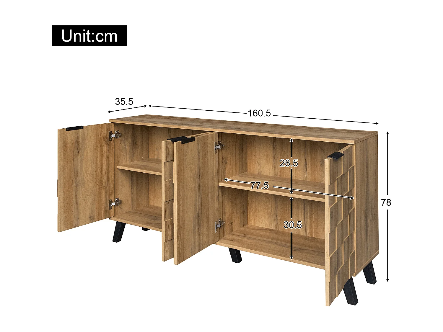 Buffet 160.5x35.5x78 cm, 4 portes, étagères réglables, motif géométrique, panneau de particules, coloris bois