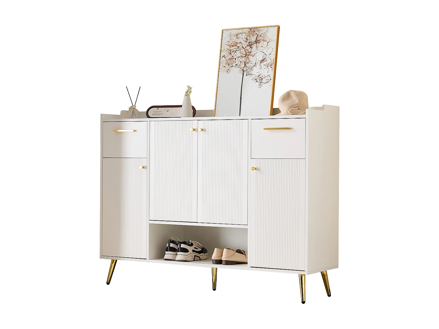 Meuble à chaussures 130x37x100 cm avec deux tiroirs et quatre portes d'armoire panneaux de particules en blanc pour salon