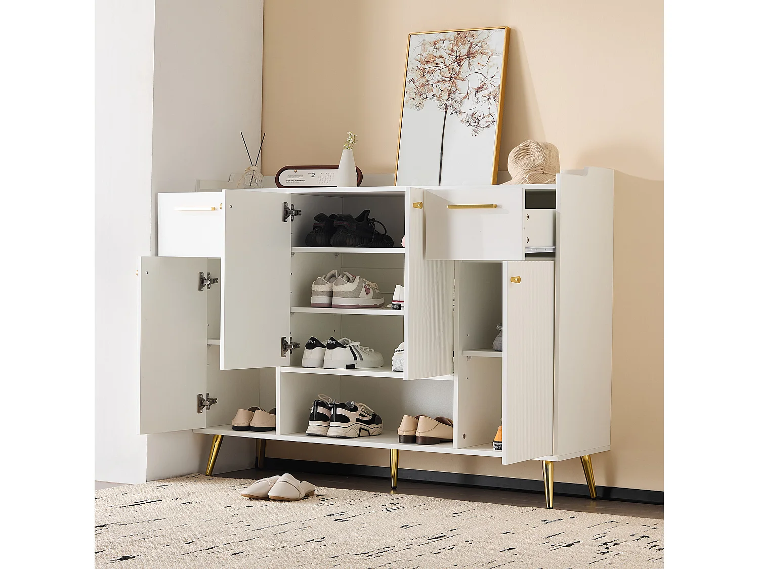 Schoenenkast 130x37x100 cm, 2 laden 4 deuren en open nis, metalen poten en handgrepen, witte spaanplaat