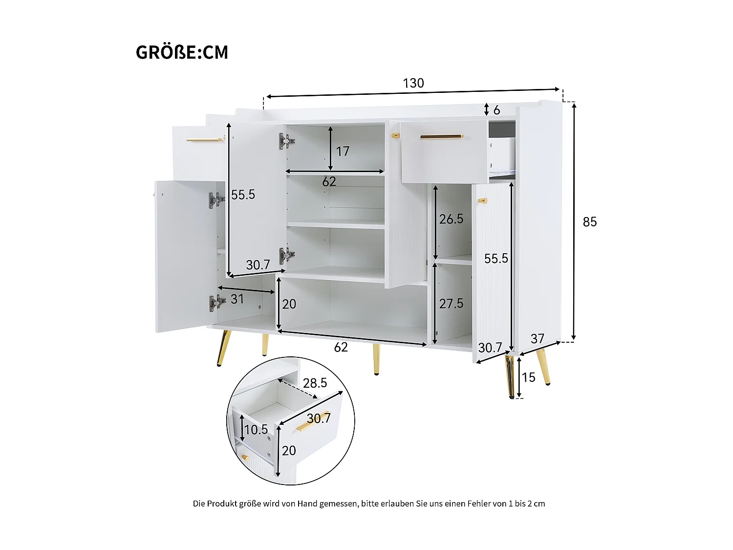Schoenenkast 130x37x100 cm, 2 laden 4 deuren en open nis, metalen poten en handgrepen, witte spaanplaat