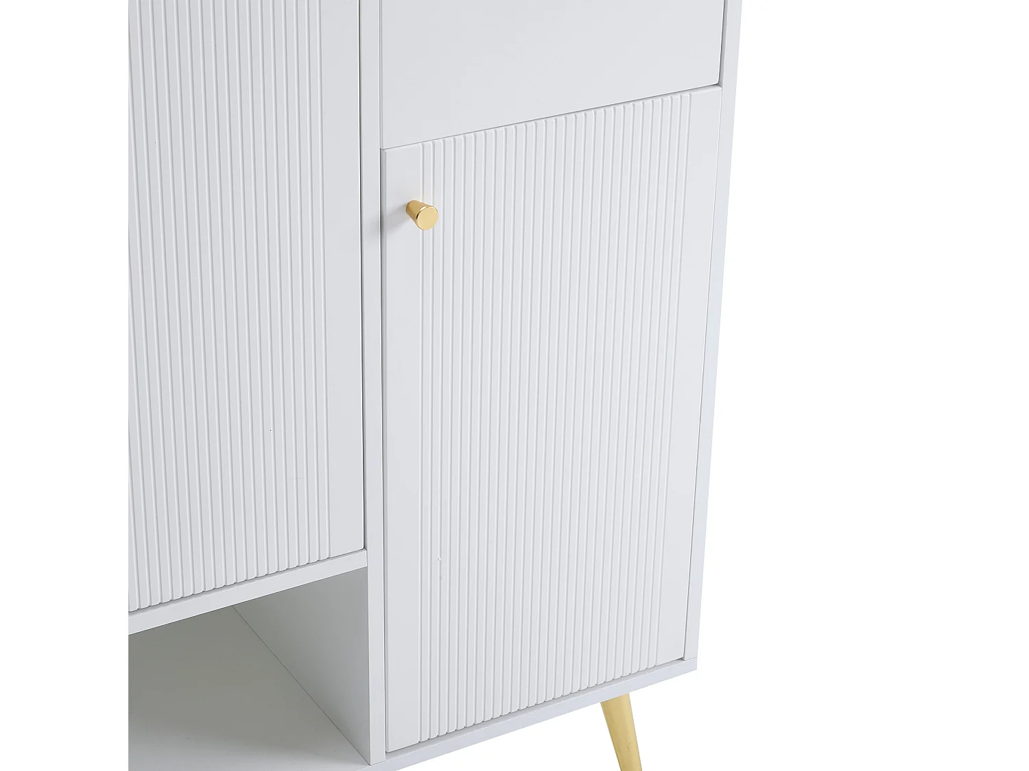 Schoenenkast 130x37x100 cm, 2 laden 4 deuren en open nis, metalen poten en handgrepen, witte spaanplaat