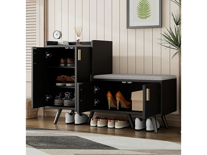 Meuble à chaussures 120x34x82.8 cm avec quatre portes de rangement panneaux de particules en noir pour salon