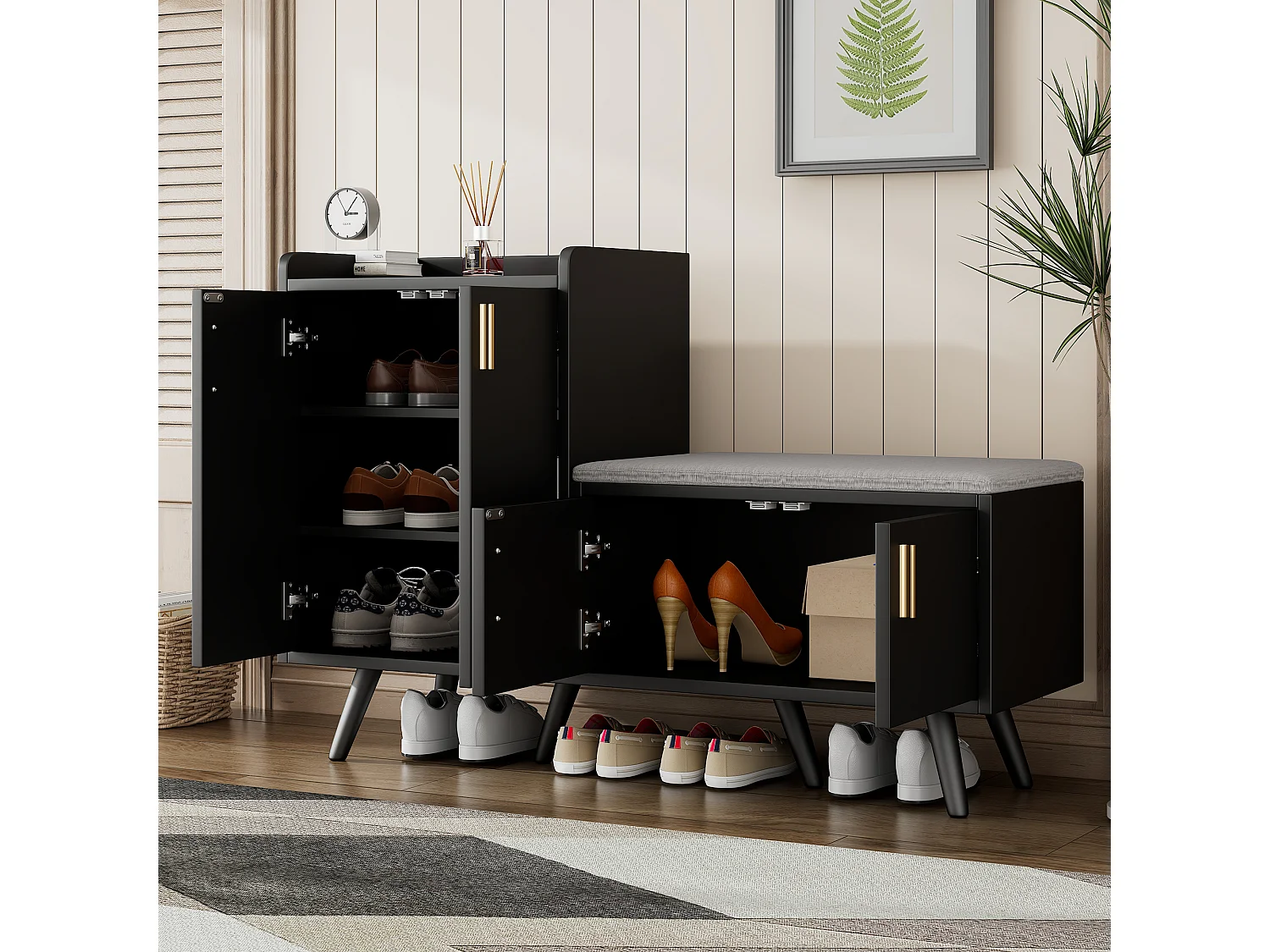 Meuble à chaussures 120x34x82.8 cm avec quatre portes de rangement panneaux de particules en noir pour salon