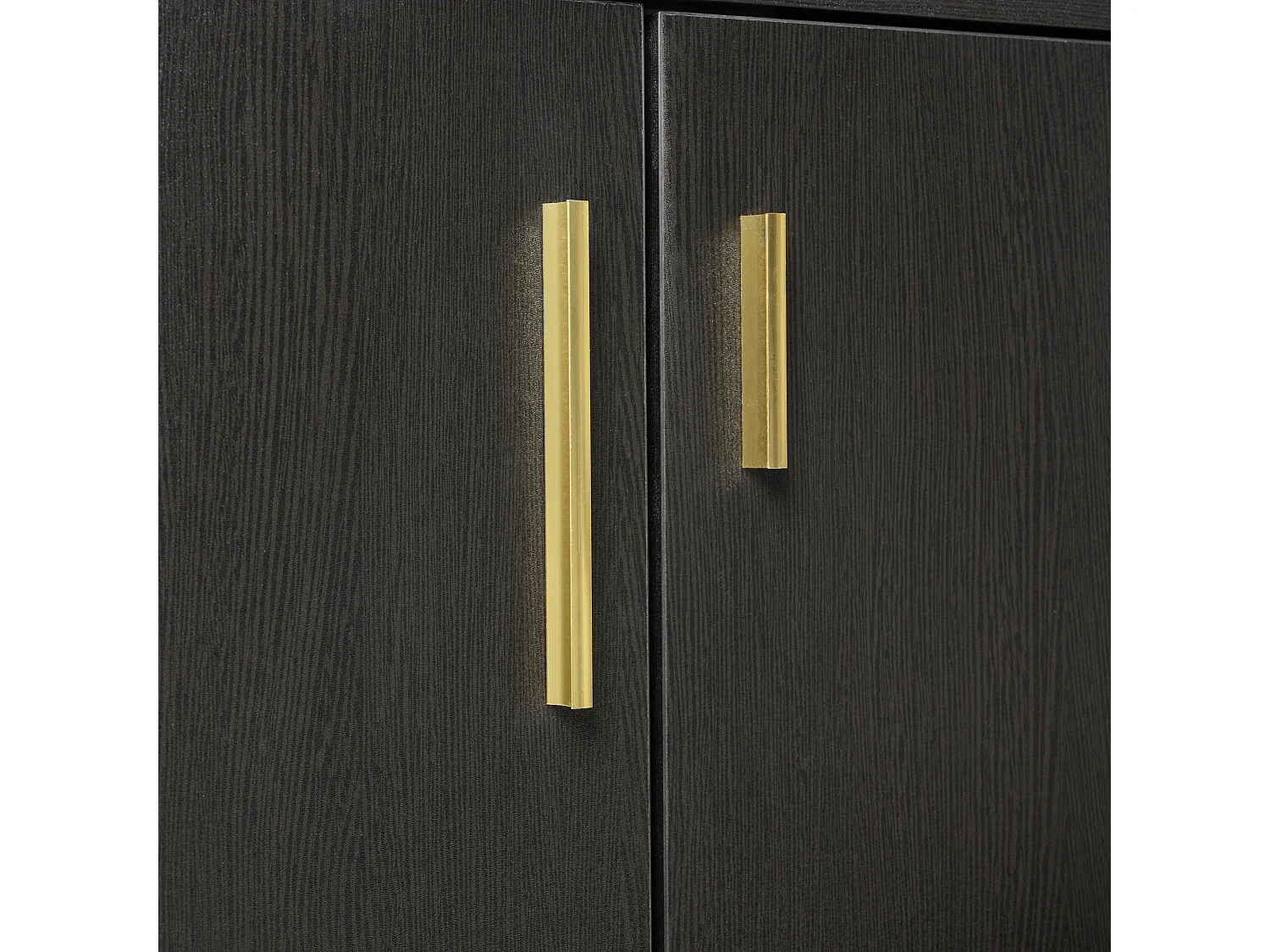 Meuble à chaussures 120x34x82 cm, assise rembourrée, 4 portes, poignées métalliques asymétriques, panneau de particules, noir et noyer foncé