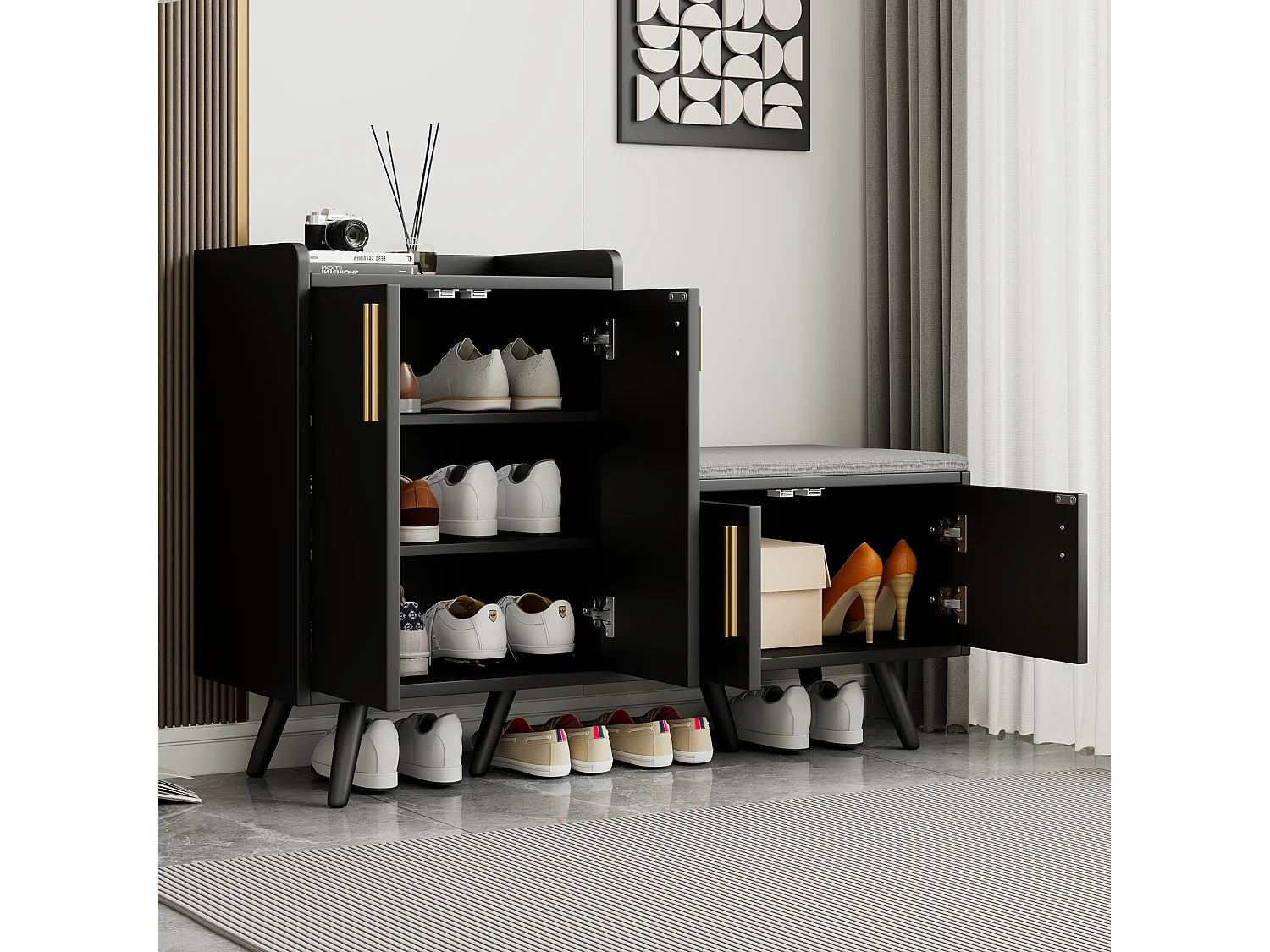 Meuble à chaussures 120x34x82 cm, assise rembourrée, 4 portes, poignées métalliques asymétriques, panneau de particules, noir et noyer foncé