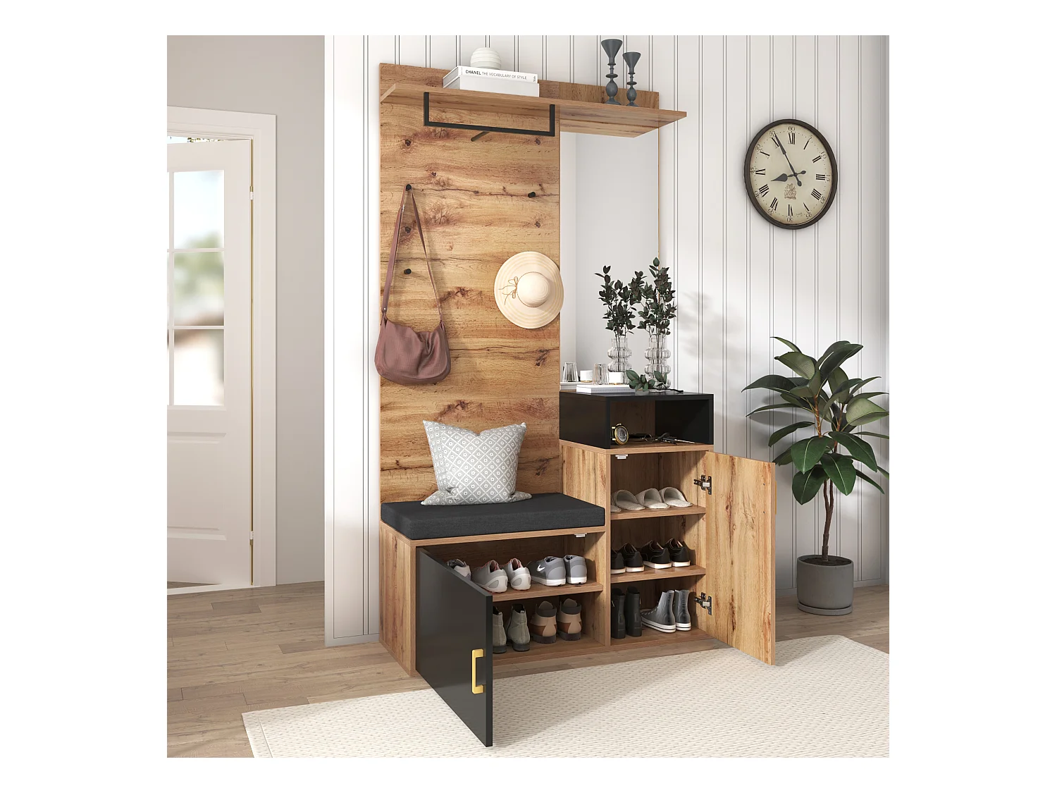 Ensemble meuble d'entrée 105x40x191.5cm 2 Compartiments à chaussures 2 Rangements Miroir intégré 1 Tige à hanger Matériel MDF et Couleur naturelle