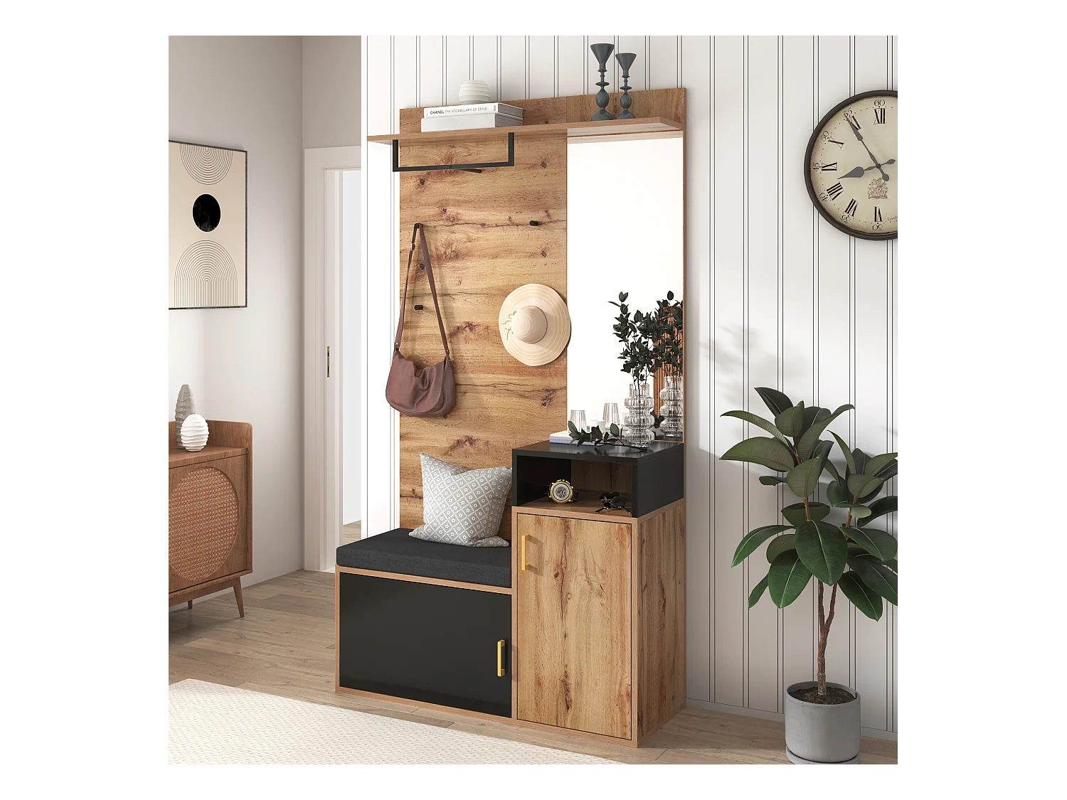 Ensemble meuble d'entrée 105x40x191.5cm 2 Compartiments à chaussures 2 Rangements Miroir intégré 1 Tige à hanger Matériel MDF et Couleur naturelle