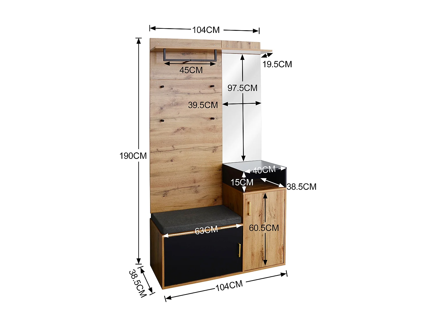 Ensemble de vestiaire d'entrée 105x40x191.5 cm, miroir intégré, banc, rangement chaussures, MDF, panneau de particules, noir