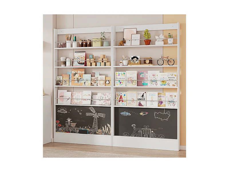 Set van 2 kinderboekenkasten, boekenkast met 4 planken en krijtbord, wit