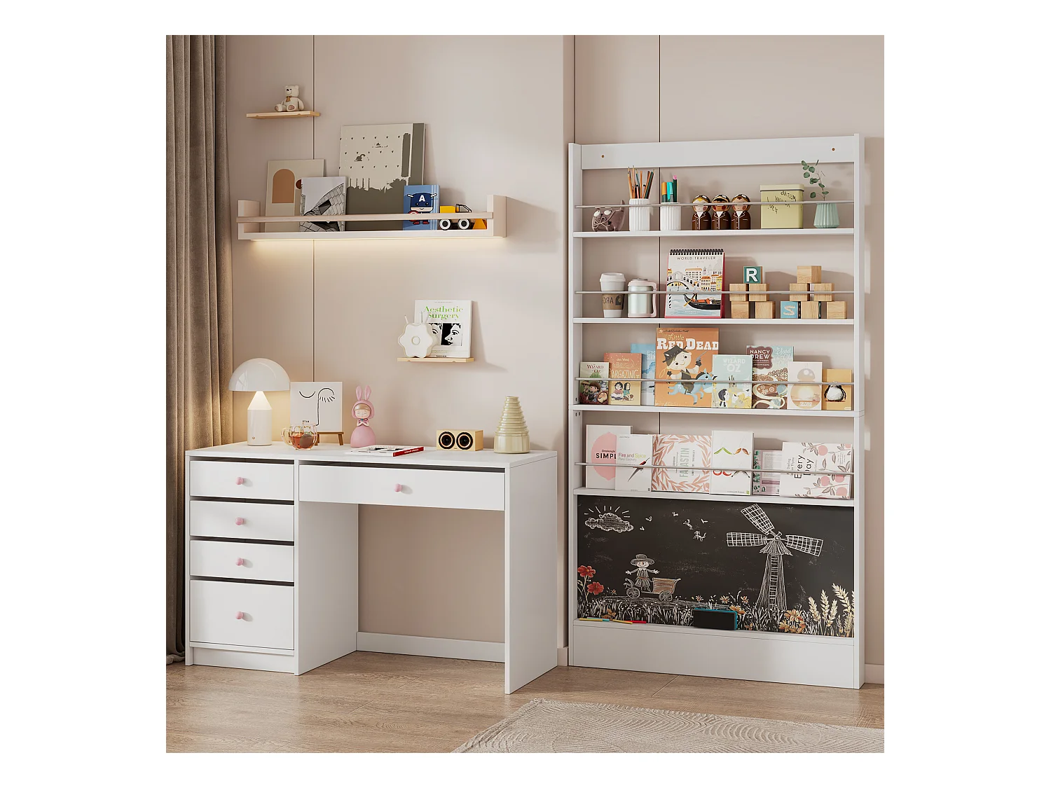 Set van 2 kinderboekenkasten, boekenkast met 4 planken en krijtbord, wit