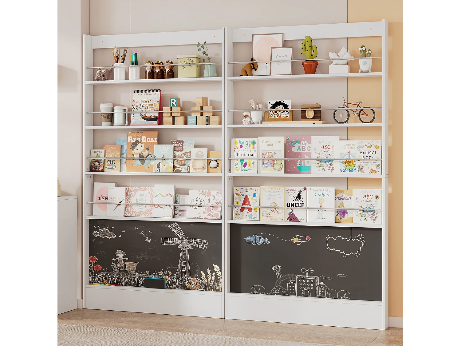 Lot de 2 bibliothèques enfants , bibliothèque avec 4 étagères et tableau noir, blanche