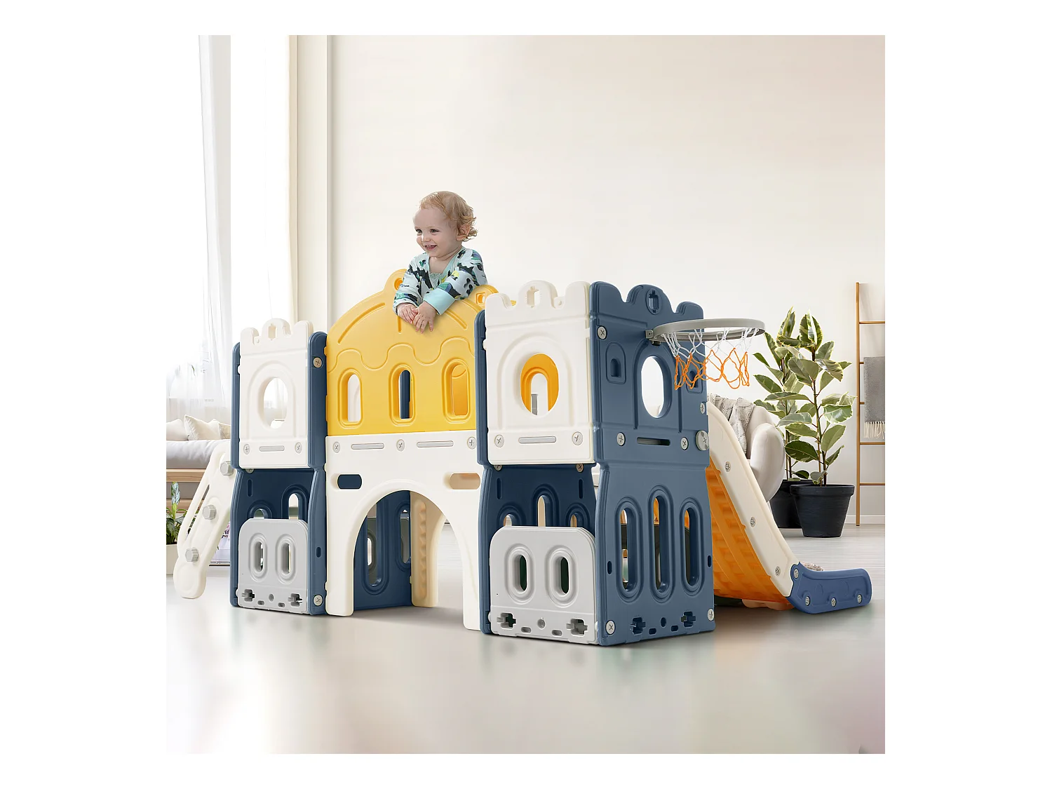 Jouet d'escalade 190x151x106cm 6 en 1 Toboggan pour Enfants Panier Basketball Échelle Tour Château Rangement Sans Balles PEHD Bleu