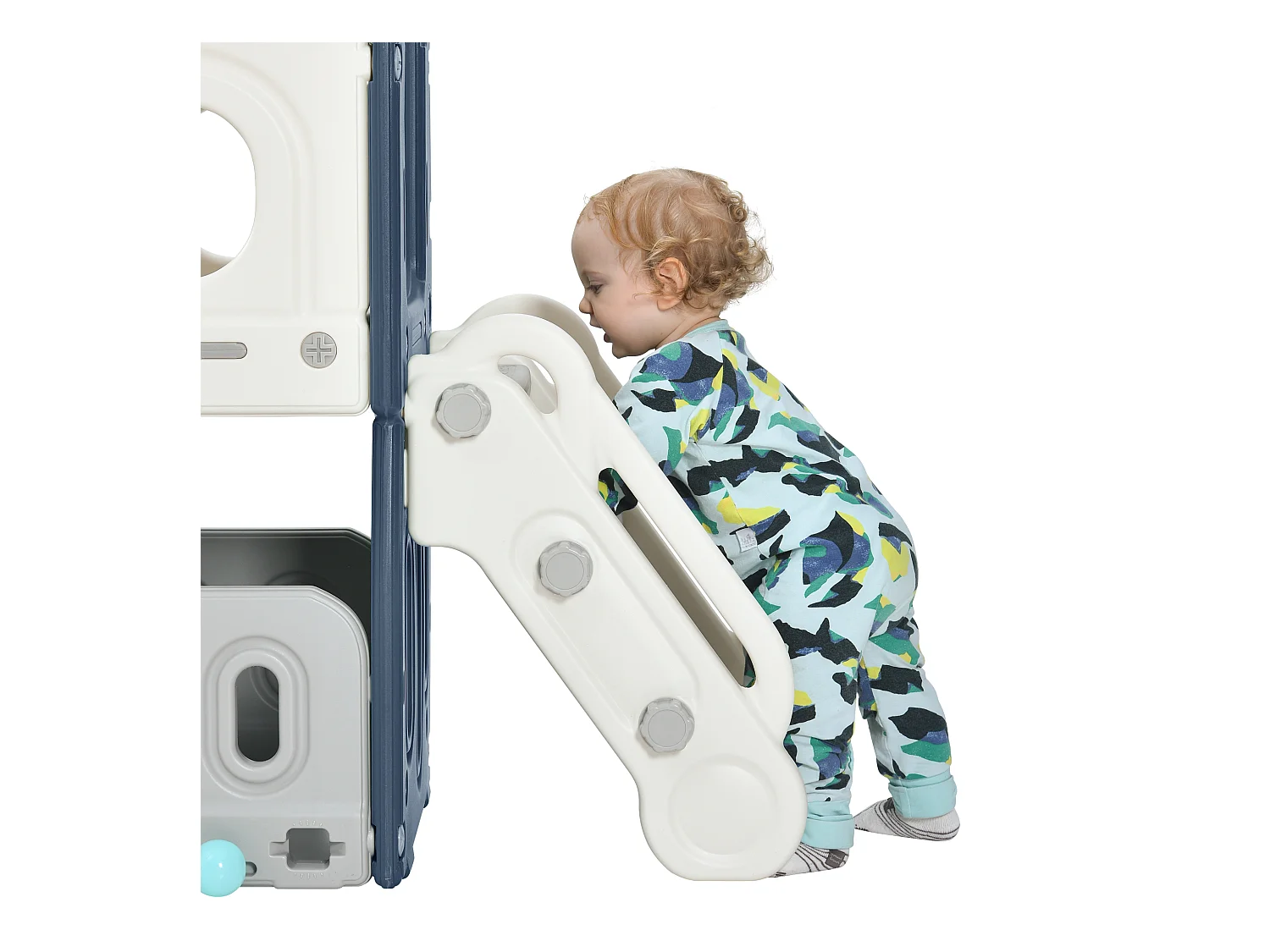 Jouet d'escalade 190x151x106cm 6 en 1 Toboggan pour Enfants Panier Basketball Échelle Tour Château Rangement Sans Balles PEHD Bleu