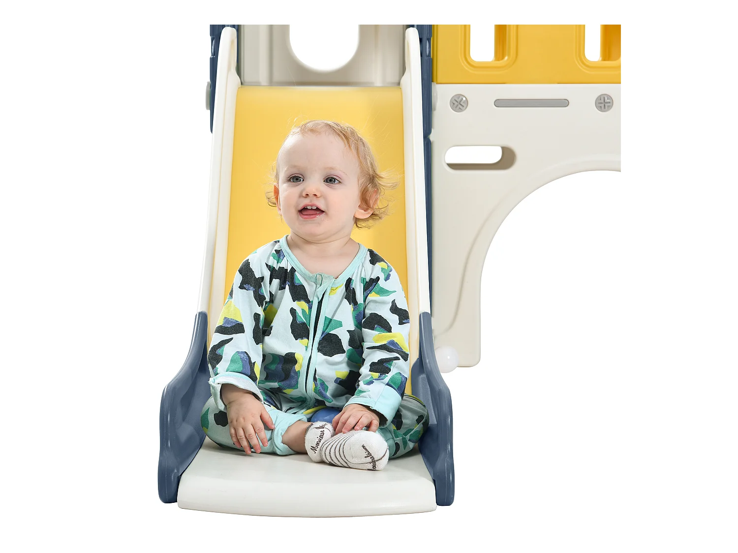 Jouet d'escalade 190x151x106cm 6 en 1 Toboggan pour Enfants Panier Basketball Échelle Tour Château Rangement Sans Balles PEHD Bleu