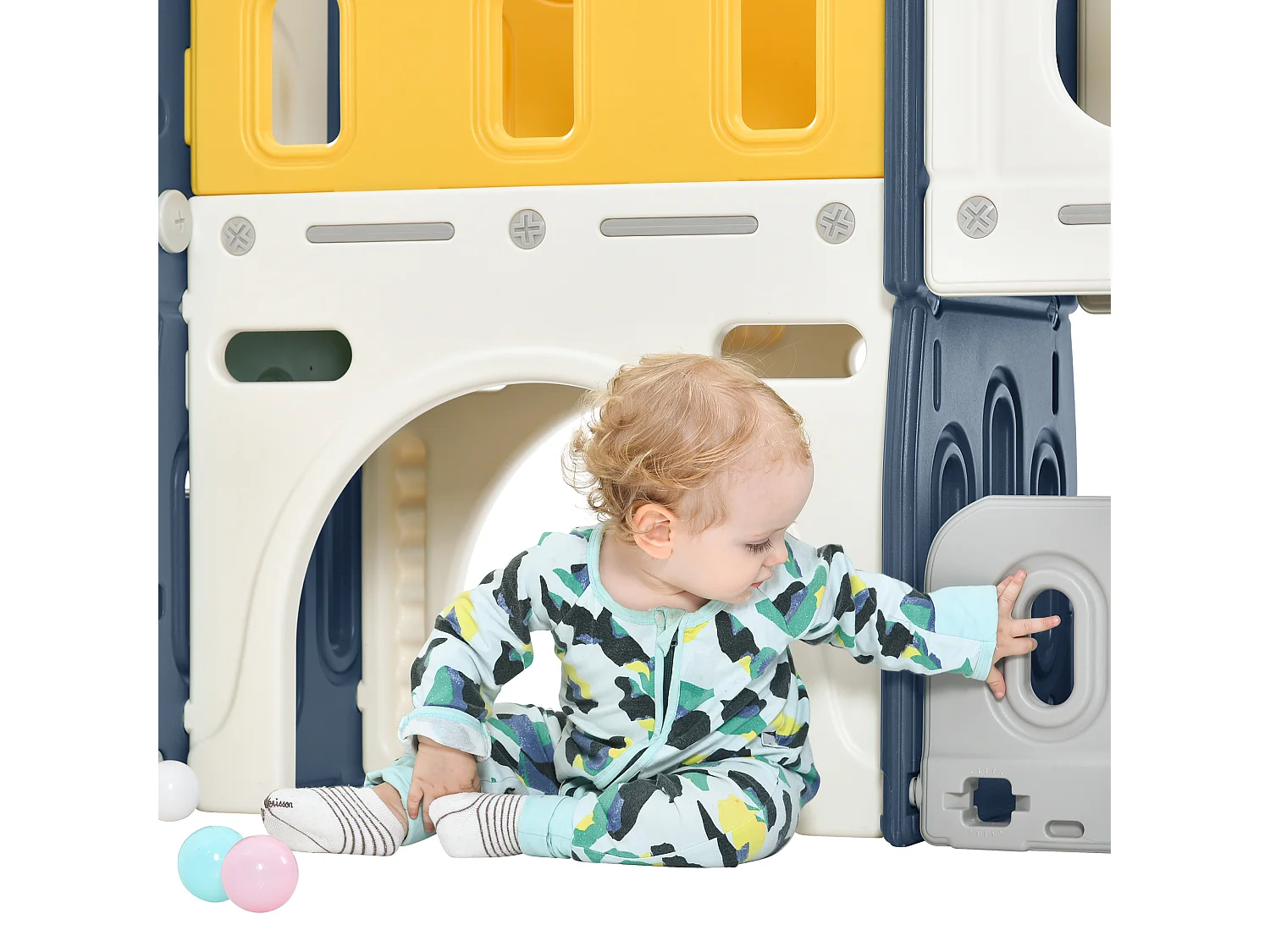 Jouet d'escalade 190x151x106cm 6 en 1 Toboggan pour Enfants Panier Basketball Échelle Tour Château Rangement Sans Balles PEHD Bleu