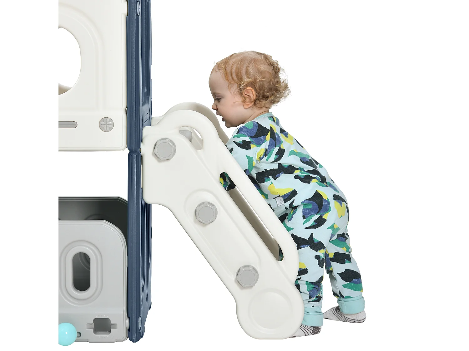 Jouet d'escalade 190x151x106cm 6 en 1 Toboggan pour Enfants Panier Basketball Échelle Tour Château Rangement Sans Balles PEHD Bleu