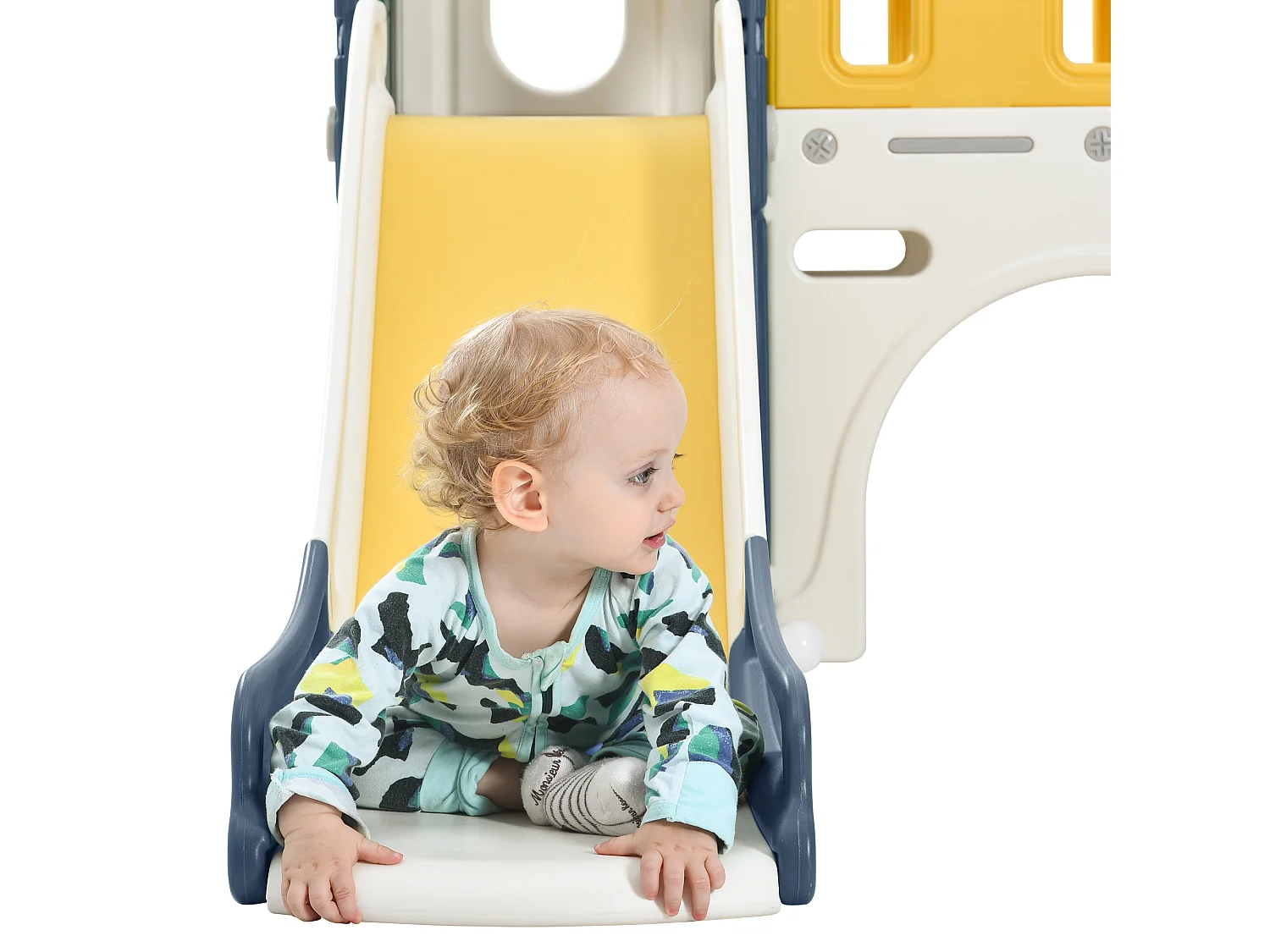 Jouet d'escalade 190x151x106cm 6 en 1 Toboggan pour Enfants Panier Basketball Échelle Tour Château Rangement Sans Balles PEHD Bleu