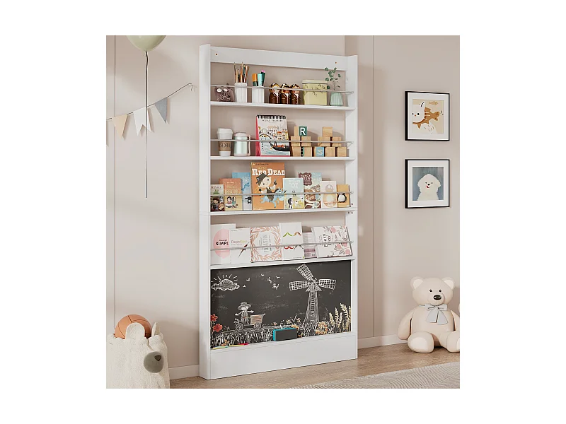 Kinderboekenkast met 4 planken en krijtbord, wit