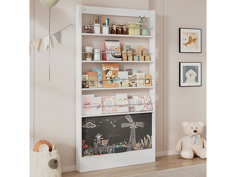 Estante infantil com 4 prateleiras e um quadro negro, branca