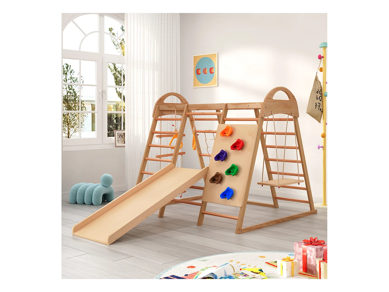 7-in-1 kinderglijbaan 134x120x120 cm met klimstructuur en schommel, natuurlijke houtkleur, voor woonkamer