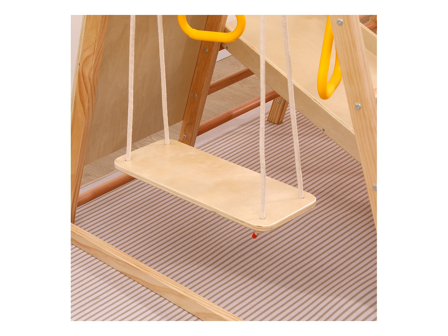 7-in-1 kinderglijbaan 134x120x120 cm met klimstructuur en schommel, natuurlijke houtkleur, voor woonkamer