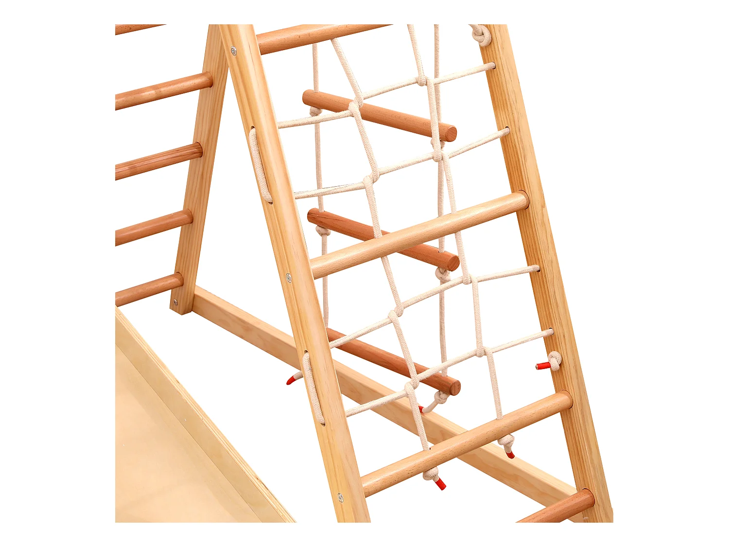 7-in-1 kinderglijbaan 134x120x120 cm met klimstructuur en schommel, natuurlijke houtkleur, voor woonkamer