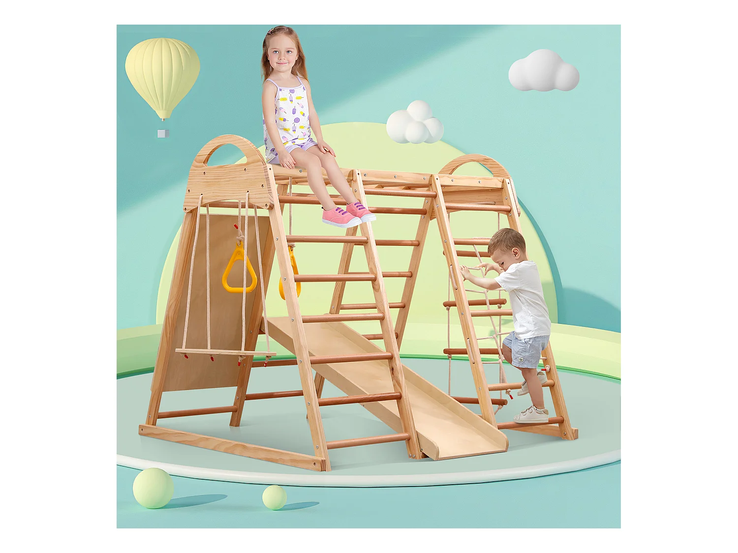 7-in-1 kinderglijbaan 134x120x120 cm met klimstructuur en schommel, natuurlijke houtkleur, voor woonkamer