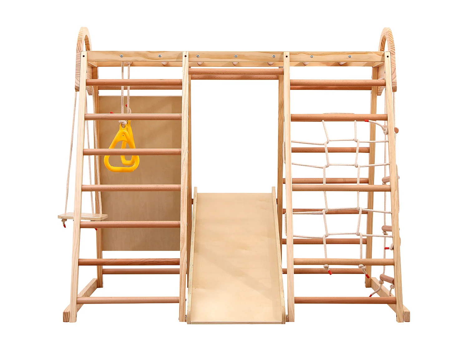 Toboggan enfant 7 en 1 134x120x120 cm avec structure d'escalade et balançoire matériau en bois Couleur naturelle pour salon