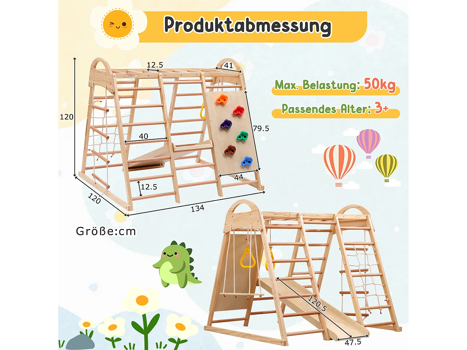 Toboggan enfant 7 en 1 134x120x120 cm avec structure d'escalade et balançoire matériau en bois Couleur naturelle pour salon