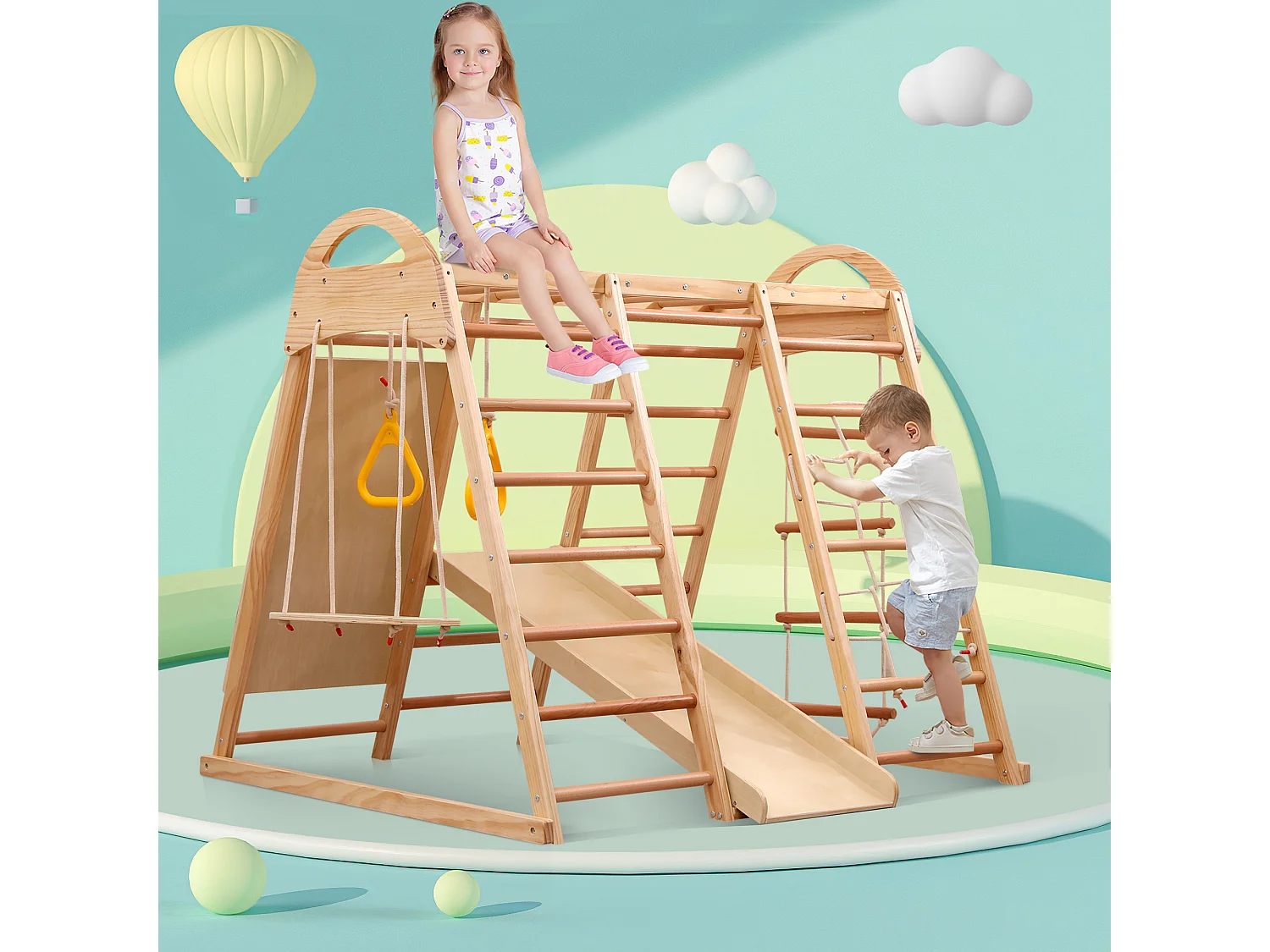 Toboggan enfant 7 en 1 134x120x120 cm avec structure d'escalade et balançoire matériau en bois Couleur naturelle pour salon