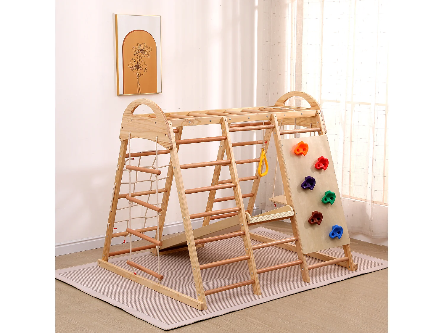 Triangle d'escalade 7 en 1 134x120x120 cm, avec balançoire, anneaux, échelle, filet, toboggan, structure en bois, naturel