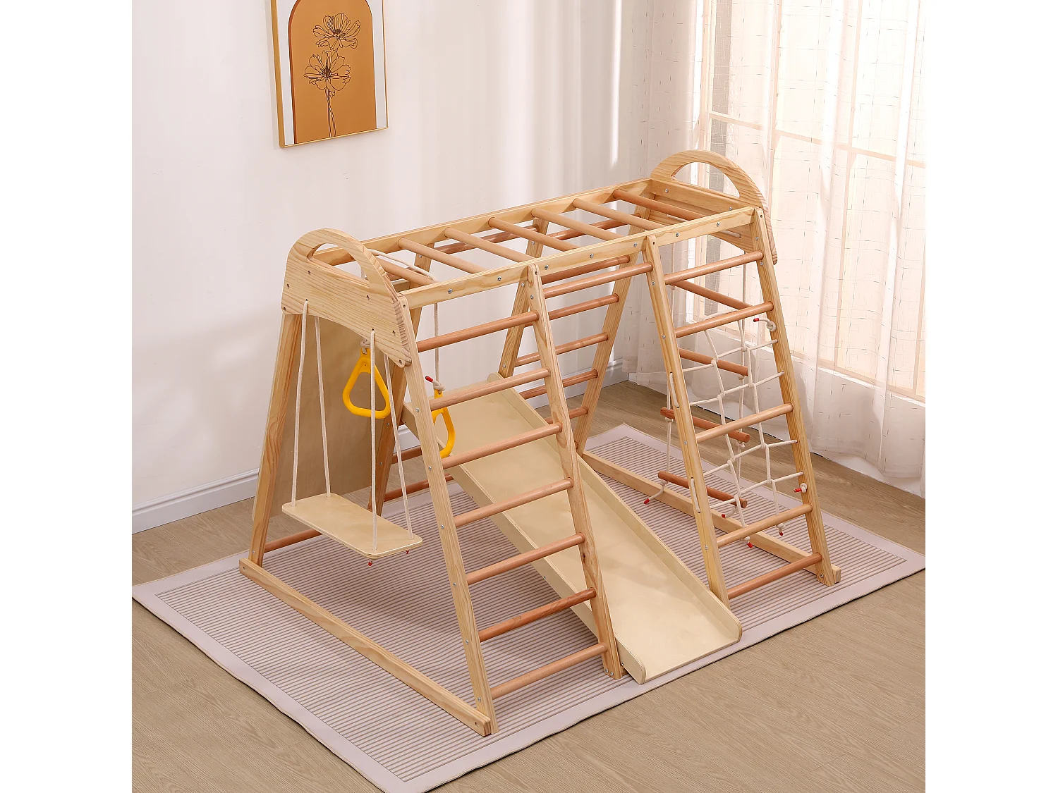 Triangle d'escalade 7 en 1 134x120x120 cm, avec balançoire, anneaux, échelle, filet, toboggan, structure en bois, naturel