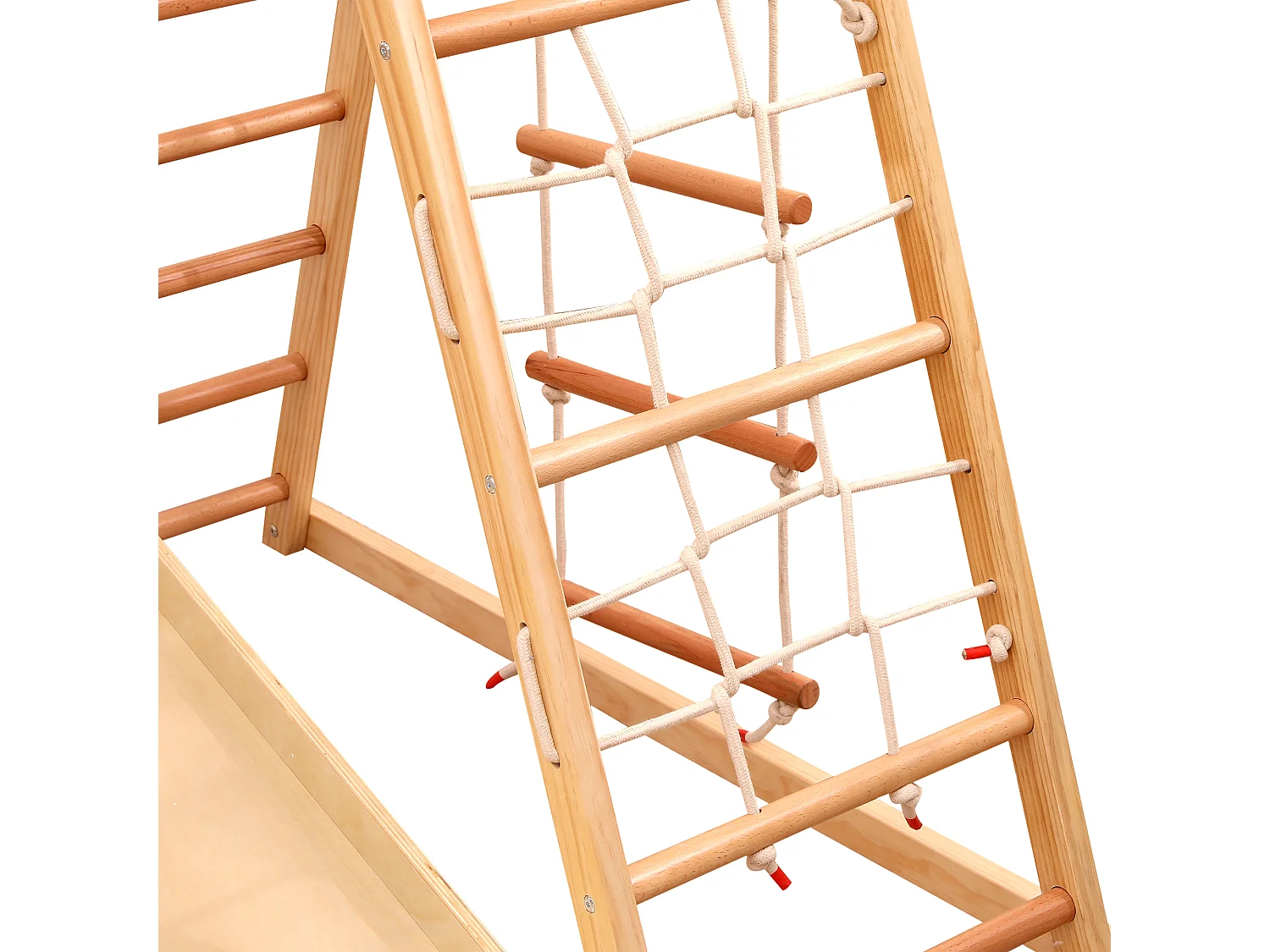 Triangle d'escalade 7 en 1 134x120x120 cm, avec balançoire, anneaux, échelle, filet, toboggan, structure en bois, naturel