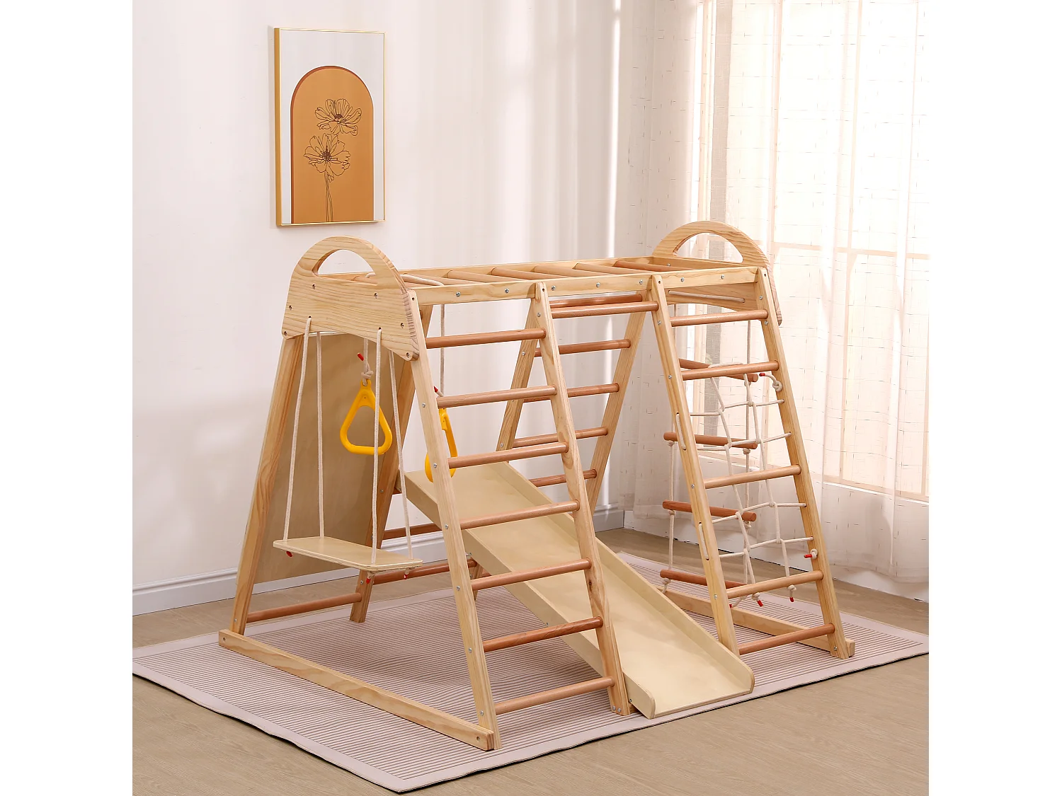 Triangle d'escalade 7 en 1 134x120x120 cm, avec balançoire, anneaux, échelle, filet, toboggan, structure en bois, naturel