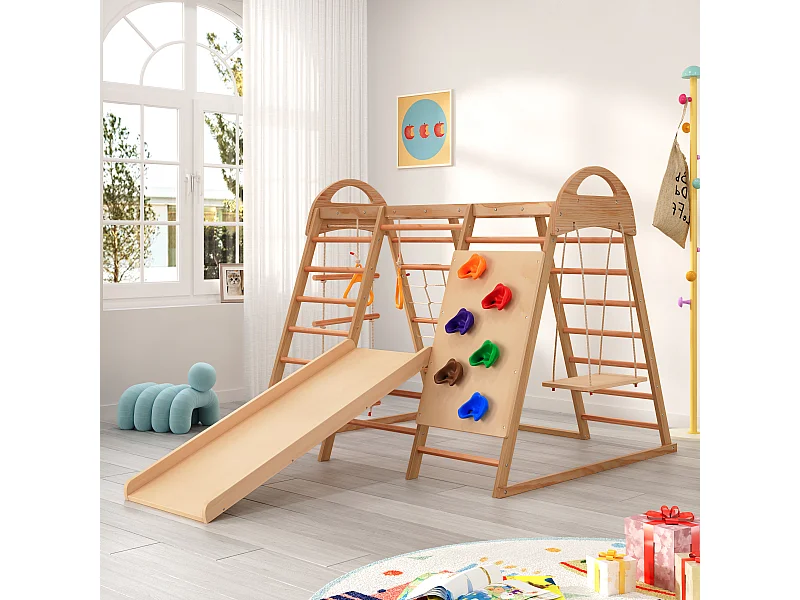 Toboggan enfant 7 en 1 134x120x120 cm avec structure d'escalade et balançoire matériau en bois Couleur naturelle pour salon